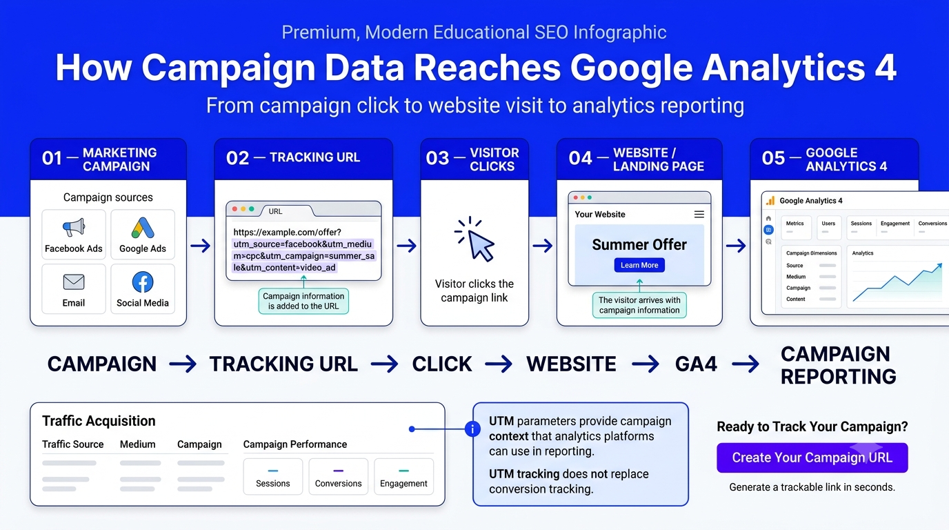 How campaign data reaches Google Analytics 4 from a tracking URL