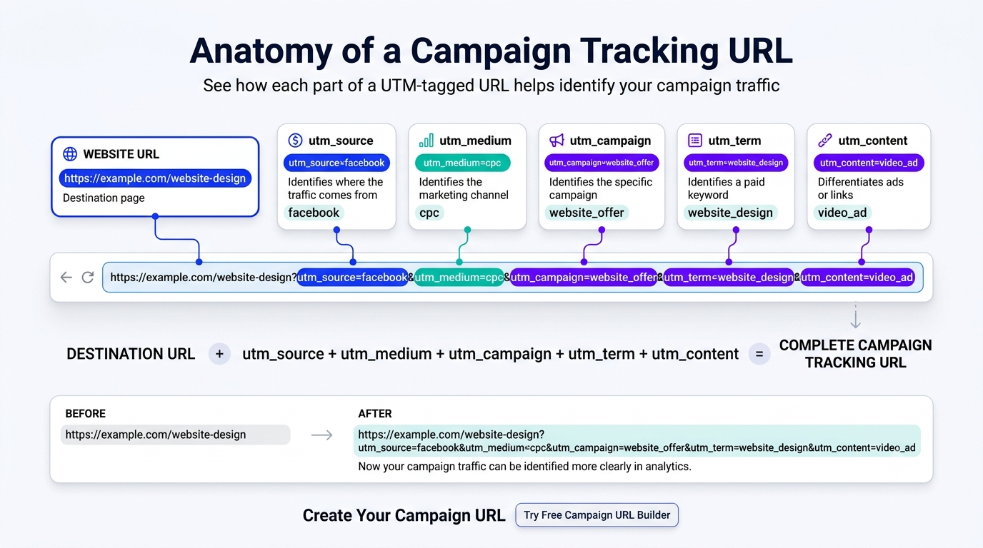 Anatomy of a campaign tracking URL showing UTM source medium campaign term and content