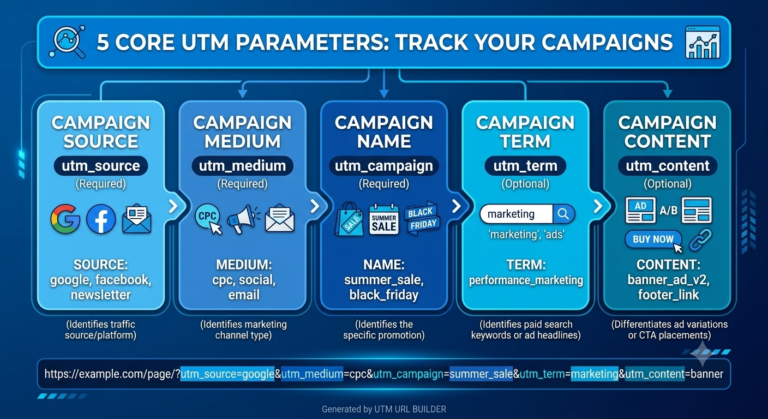 Campaign URL UTM Parameters infographic explaining utm_source, utm_medium, utm_campaign, utm_term, and utm_content with examples for Google Analytics campaign tracking